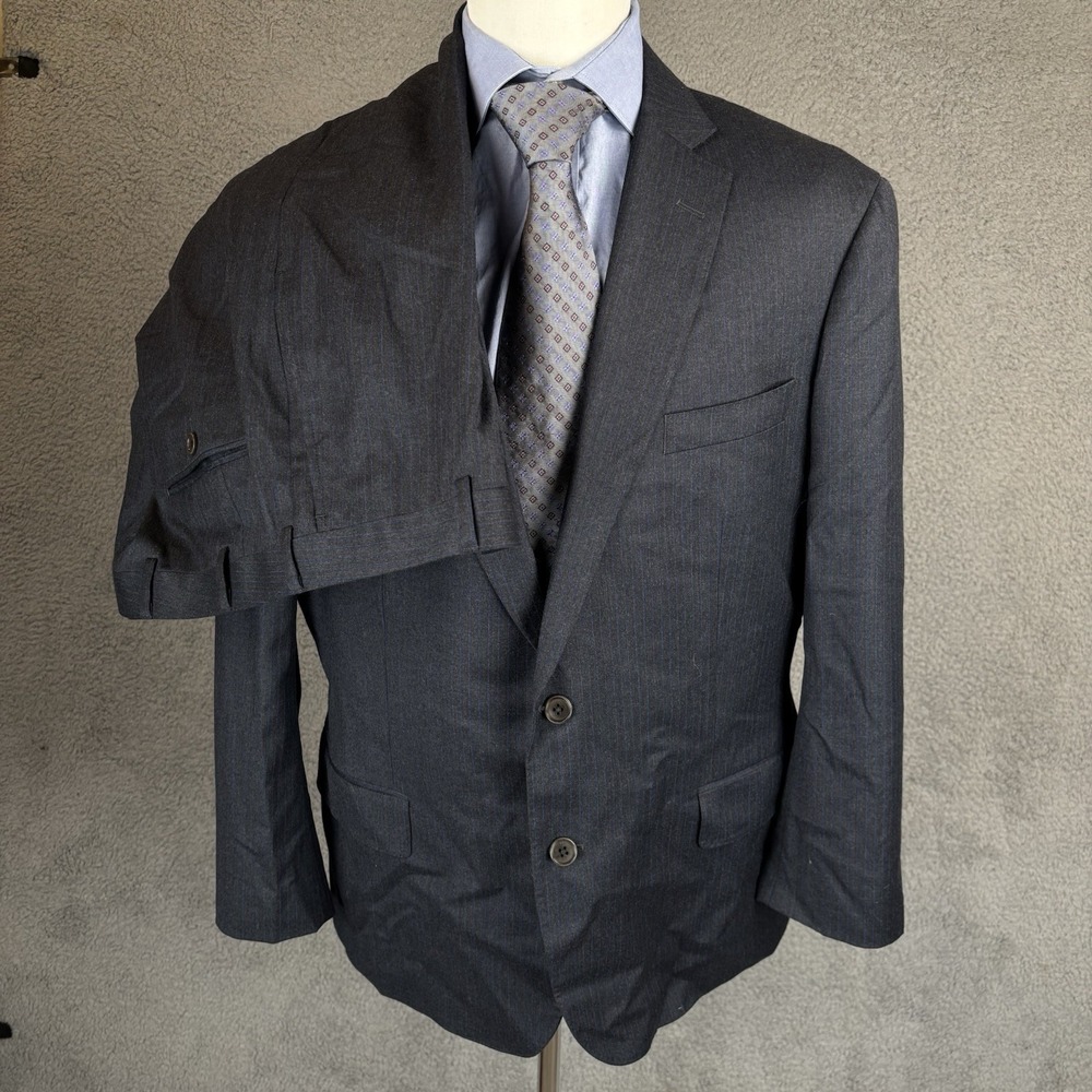 J Hilburn 2 Piece Suit Mens 42R Blazer 36x29 Pant Dark Gray Blue Pinstripe‎
